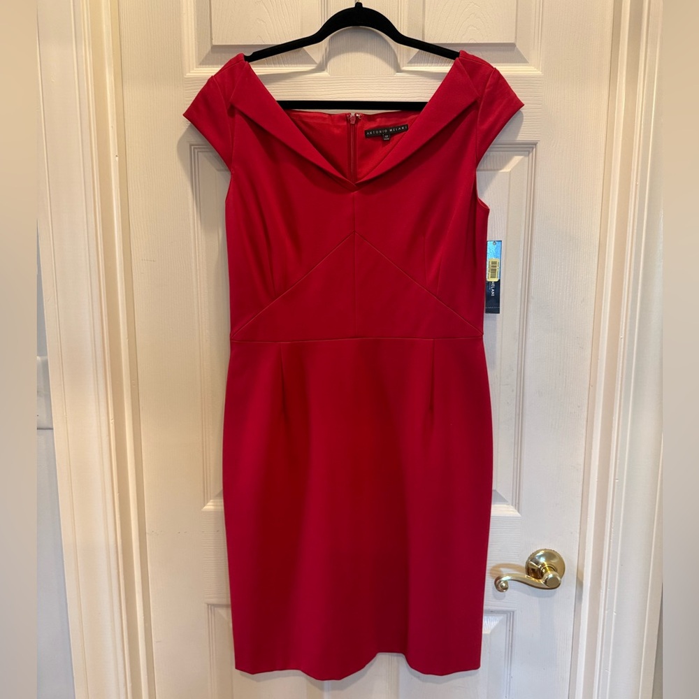 ANTONIO MELANI Crimson Off-Shoulder Midi Sheath Dress
